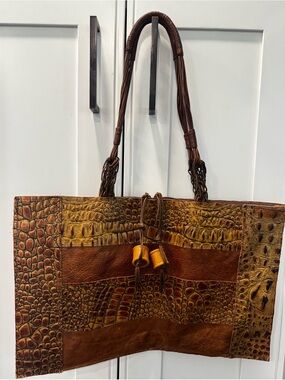 Vintage Susan Riedweg Leather Tote Croc Embossed Patchwork Bag Handmade USA VTG